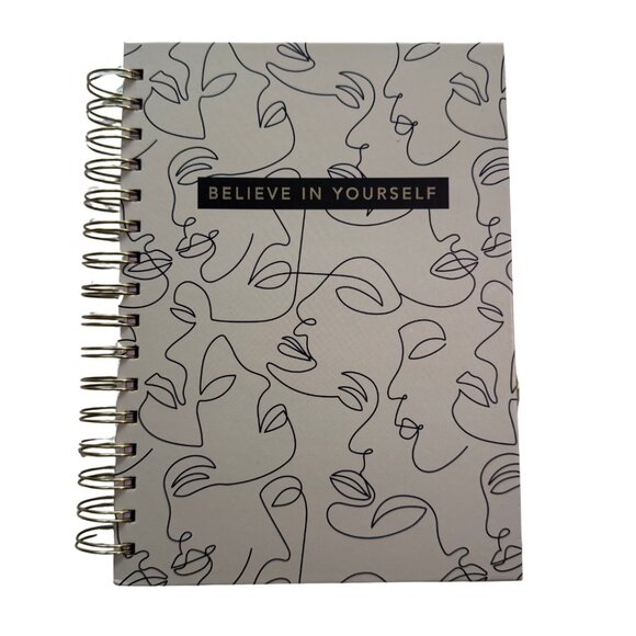Journal Believe in Yourself Spiral,  Abstract Line Art Faces Gray Black NEW - Picture 1 of 2